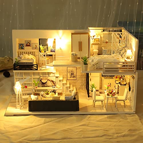 DIY Haus Kinder Holzhaus Puppenhaus Miniatur Mit Möbeln, Idee DIY Hölzernes Puppenhaus-Kit,Maßstab 1:24 Kreativraum Mit 2 LED-Leuchten