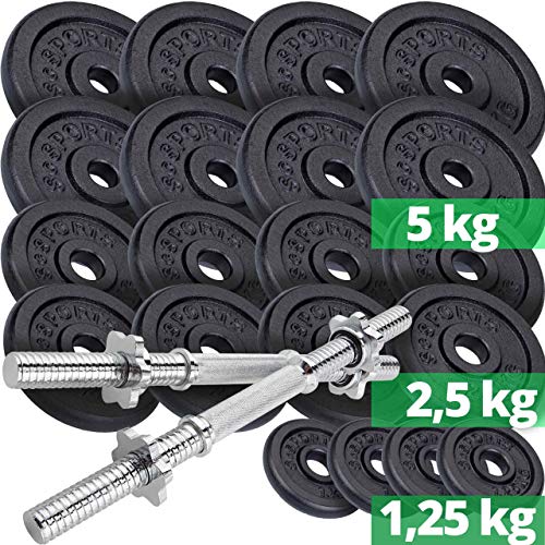 ScSPORTS® Kurzhantel Set - 20/27/30/40/60/70 kg, 2 Hantelstangen, Scheiben, 30mm, Gusseisen, Gewinde, Sternverschluss - Kurzhantelset, Hantelset, Kurzhantelstange (65 KG (8x5 + 8x2.5 + 4x1.25))