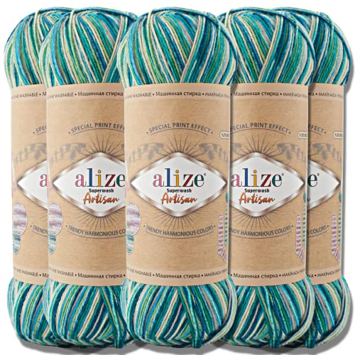 Alize 5x 100g Superwash Artisan Türkische Premium Sockenwolle Wolle 75% SW Wool - 25% Polyamide Handstrickgarne Yarn Garn Strickgarn Socken Weich (9001)