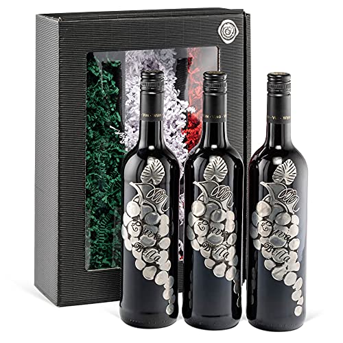 100% Bella Italien 3er Rotwein Geschenkset L'uva Bella Weingeschenk mit Landesfarben Italia aus Toskana wie Barolo Brunello