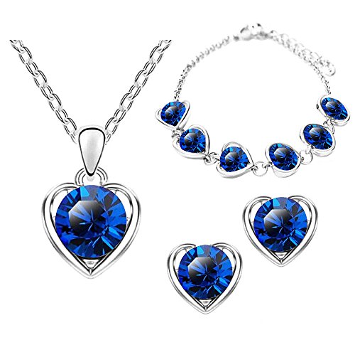 Mianova Damen 3 teiliges Set Silber in Herz Form mit runden Swarovski Elements Kristallen - Ohrringe Armband und Kette Blau