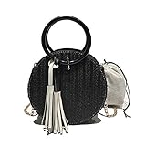 MoGist Einfacher runder Quaste Stroh Tasche Stroh Crossbody Sommer Mini Rattan Tasche Korbtasche Damentasche für Reisen Strand Einkaufen (Schwarz)