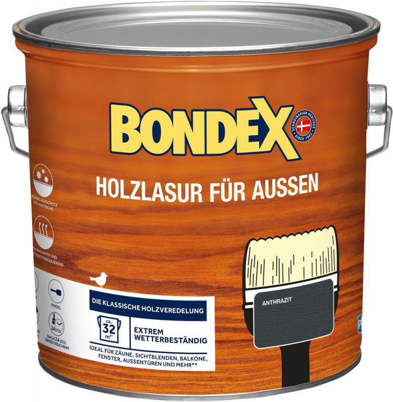 Bondex Holzlasur für Außen Anthrazit (RAL7016) 2,5 L für 32,5 m²| Hoher Wetter- und UV-Schutz | Natürliches Abwittern - kein Abplatzen | seidenmatt | Holzschutzlasur | Holzlasur