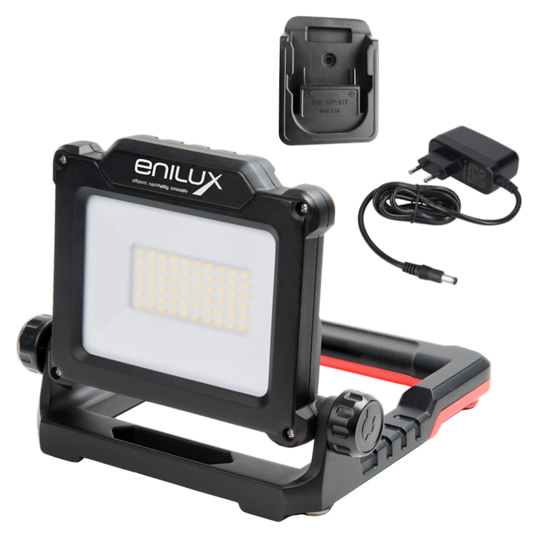 ENILUX LED Fluter MOBIL PRO 18V Akku-Baustrahler inkl. Netzteil + 1x Adapterplatte kompatibel mit MAKITA BL, LED Arbeitsleuchte, Akkuleuchte für Akkus von MAKITA