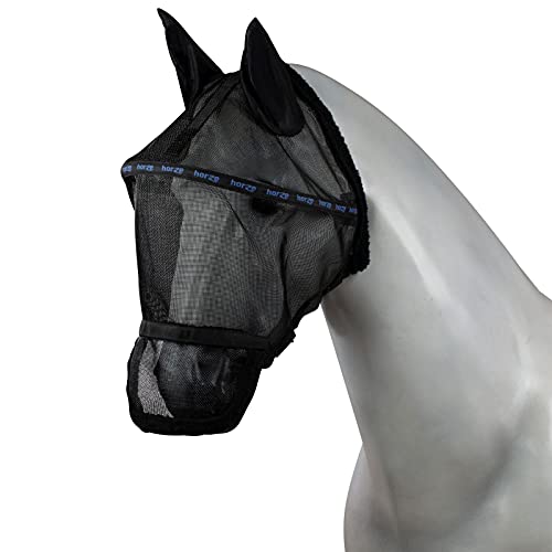 Horze Pferde Fliegenmaske, ausgestellte Fliegenhaube mit Ohren und Nüsternschutz, Schwarz, M