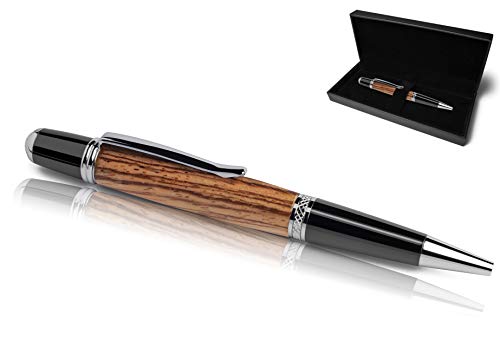Handgefertigter Kugelschreiber aus Echtholz | Hochwertiges Geschenkset mit Etui | Business Geschenk Set aus Edel Holz für Mitarbeiter und Kunden (Zebrano)