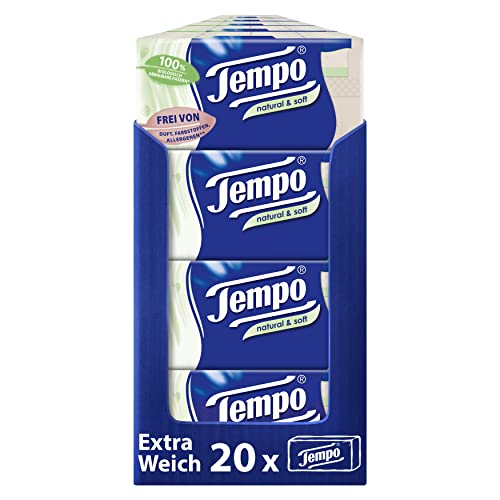Tempo natural & soft Taschentücher - Megapack - 20 Packungen mit je 12 Päckchen x 9 Tüchern - natürliche, extra weiche Papiertaschentücher, waschmaschinenfest