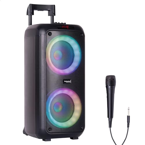 Ibiza - VENUS600-2x8"/20 cm, 600 W batteriebetriebener tragbarer Lautsprecher mit Lichteffekt auf der Vorderseite und kabelgebundenem Mikrofon - Bluetooth, USB, microSD, AUX und MIC - Schwarz
