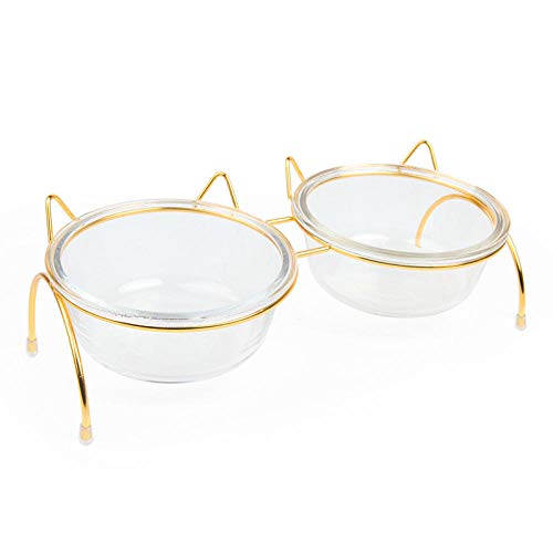 Hund SchüsselFressnäpfe für KatzenGlass Dog Cat Bowl Welpenfutterschale mit Eisenrahmen Water Feeder Bowl Food -Double_Set