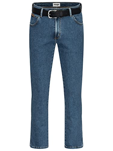 Wrangler Stretch Herrenjeans mit Gürtel in schwarz oder braun (W34/L32, Stonewash + schwarzer Gürtel)