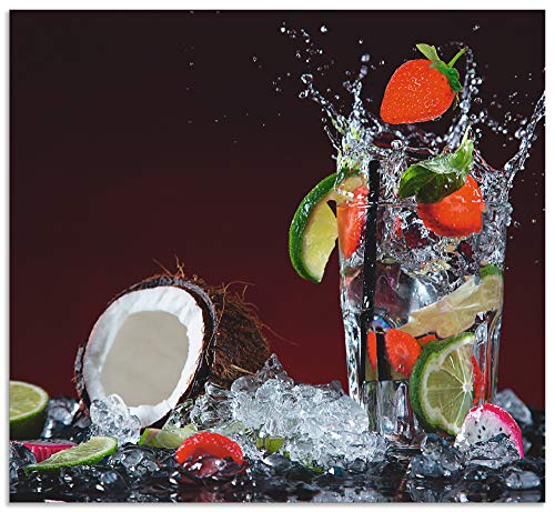 Artland Spritzschutz Küche aus Alu für Herd Spüle 60x55 cm Küchenrückwand mit Motiv Getränke Obst Früchte Kokos Erdbeere Limette Cocktail S6AS