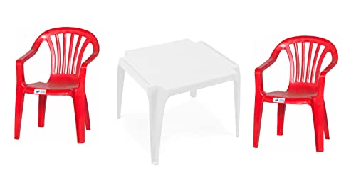 hLine Kinder Garten Sitzgruppe Tisch mit Stühlen Gartenstuhl Sessel (1 Tisch 2 Stühle rot)