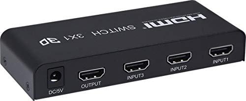 PremiumCord HDMI Umschalter 3:1 mit Fernbedienung und Netzteil, Metallgehäuse, Switch mit LED Status, Video Auflösung Full HD 1080p 60Hz, 3D, HDCP, Farbe schwarz