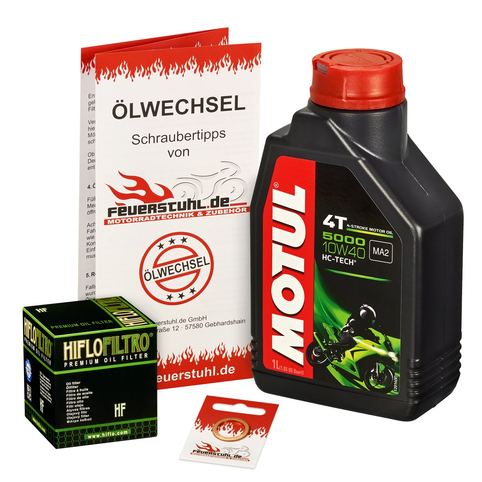 Motul 10W-40 Öl + HiFlo Ölfilter für Suzuki DR 125 SM, 08-13, CS - Ölwechselset inkl. Motoröl, Filter, Dichtring