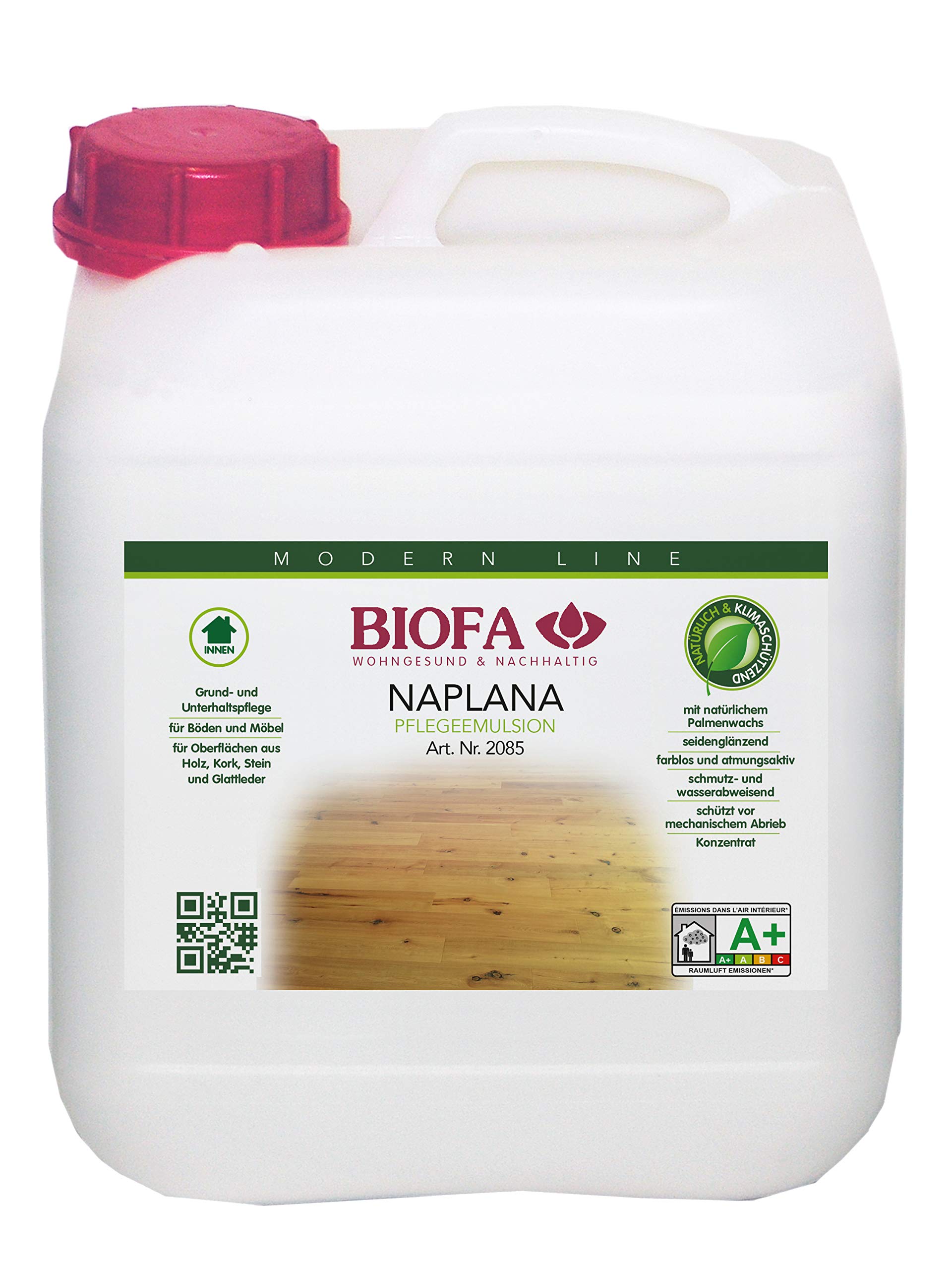 Biofa Naplana lösemittelfrei 2085, Pflege für lackierte, lasierte, gewachste und geölte Fußböden aus Holz, Parkett, Kork oder Stein, sowie für Möbeloberflächen und Glattleder 5 Liter