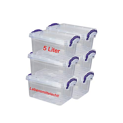 DIES&DAS 6er Set stapelbare Aufbewahrunsboxen Lagerboxen mit Deckel/Klickverschluss u. Griffen - 5 L Lebensmittelecht