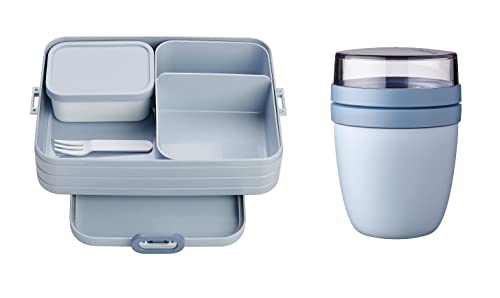 Mepal 2-tlg Starter Set Snacks to go – Bento-Lunchbox Large mit Lunchpot – praktischer Müslibecher – Brotdose mit Fächern, geeignet für bis zu 8 Butterbrote, Nordic Blue