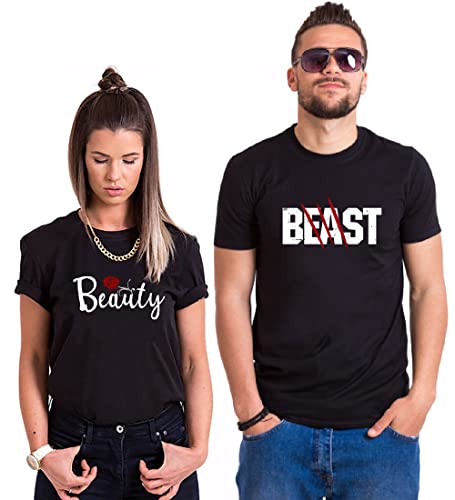Partner T-Shirt Paare Beast Beauty T-Shirt Pärchen Partnerlook Velentienstag Geschenk 1 Stück(Schwarz-Beauty,M)