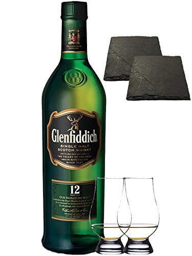 Glenfiddich 12 Jahre Single Malt Whisky 0,7 Liter + 2 Glencairn Gläser + 2 Schieferuntersetzer quadratisch ca. 9,5 cm