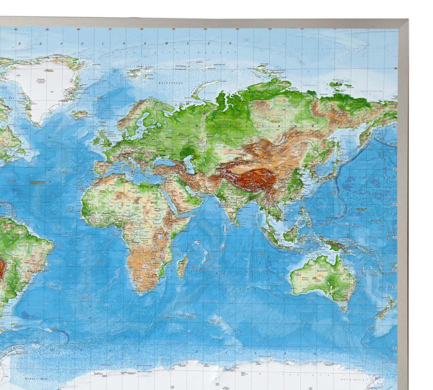 3D Relief-Landkarte WELT mit Rahmen - groß 2