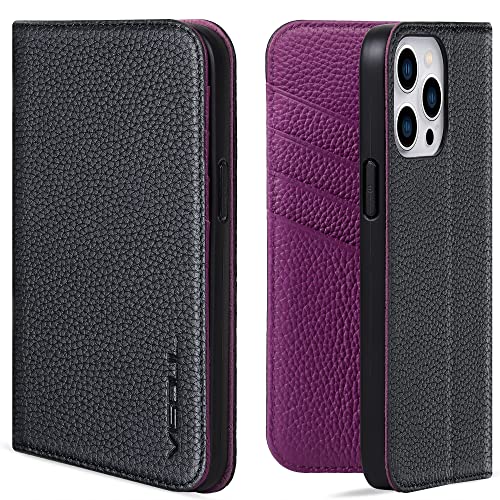 VISOUL iPhone 14 Pro Max Hülle,Handyhülle[Echtleder] [Kartenfächer] [Verdichtes TPU] [Magnet] [Stand] Stoßfeste Schutzhülle Lederhülle für iPhone 14 Pro Max Schwarz+Lila L