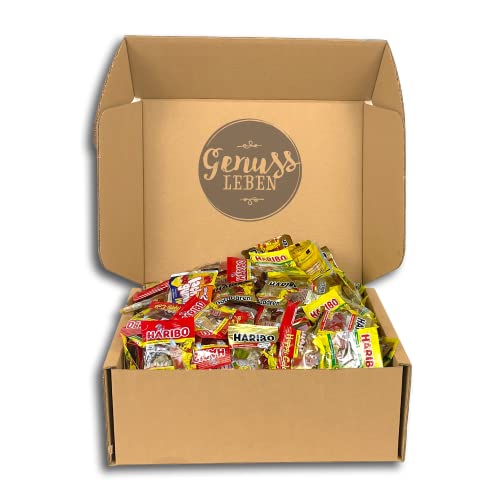 Genussleben Box mit 2000g Haribo und nimm2 Mini Tüten, ideal zum Teilen und Naschen