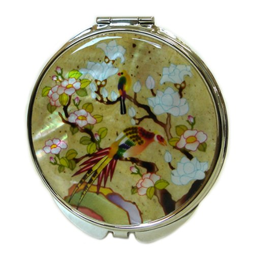 Antique Alive Kompakter Spiegel Schminkspiegel Taschenspiegel mit doppeltem runder Vergrößerungsspiegel aus Perlmutt für Kosmetik, Spiegel für Handtasche oder Handtasche (Weiße Magnolie)
