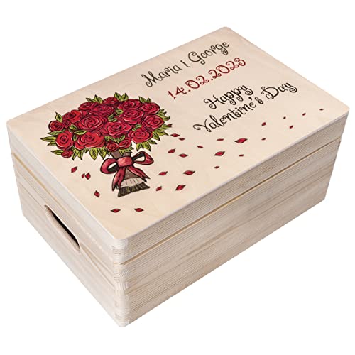 Creative Deco Geschenk für Frau Holzkiste Personalisiert | 30x20x14 cm (+/-1cm) | Mehrere Motive für Valentinstag/Romantische Anlässe | Groß Erinnerungsbox Natur Gravur Holzbox mit Deckel und Giffen