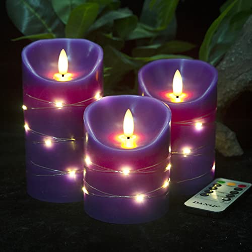 Lila LED-Kerze Eingebaute Sternkette 3 Kerzen mit 11-Tasten-Fernbedienung 24-Stunden-Timer Tanzende Flamme Echtwachs batteriebetrieben.