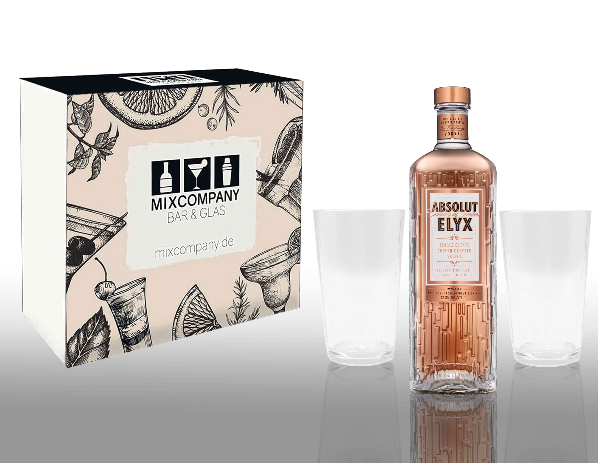 Absolut Set/Geschenkset - Absolut Elyx Vodka 1L (50% Vol) + 2x Absolut Longdrink Gläser geeicht 2/4cl