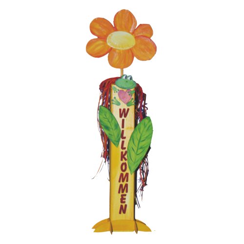Petra's Bastel News Bastelartikel Bastelset für Leibgarde bestehend aus Blume 240 mm mit 2 Blätter, 8x8x40 cm,Fuß für Holzsäule, Frosch mit Herz und Schrift WILLKOMMEN Holz, 0, 33x22x40 cm