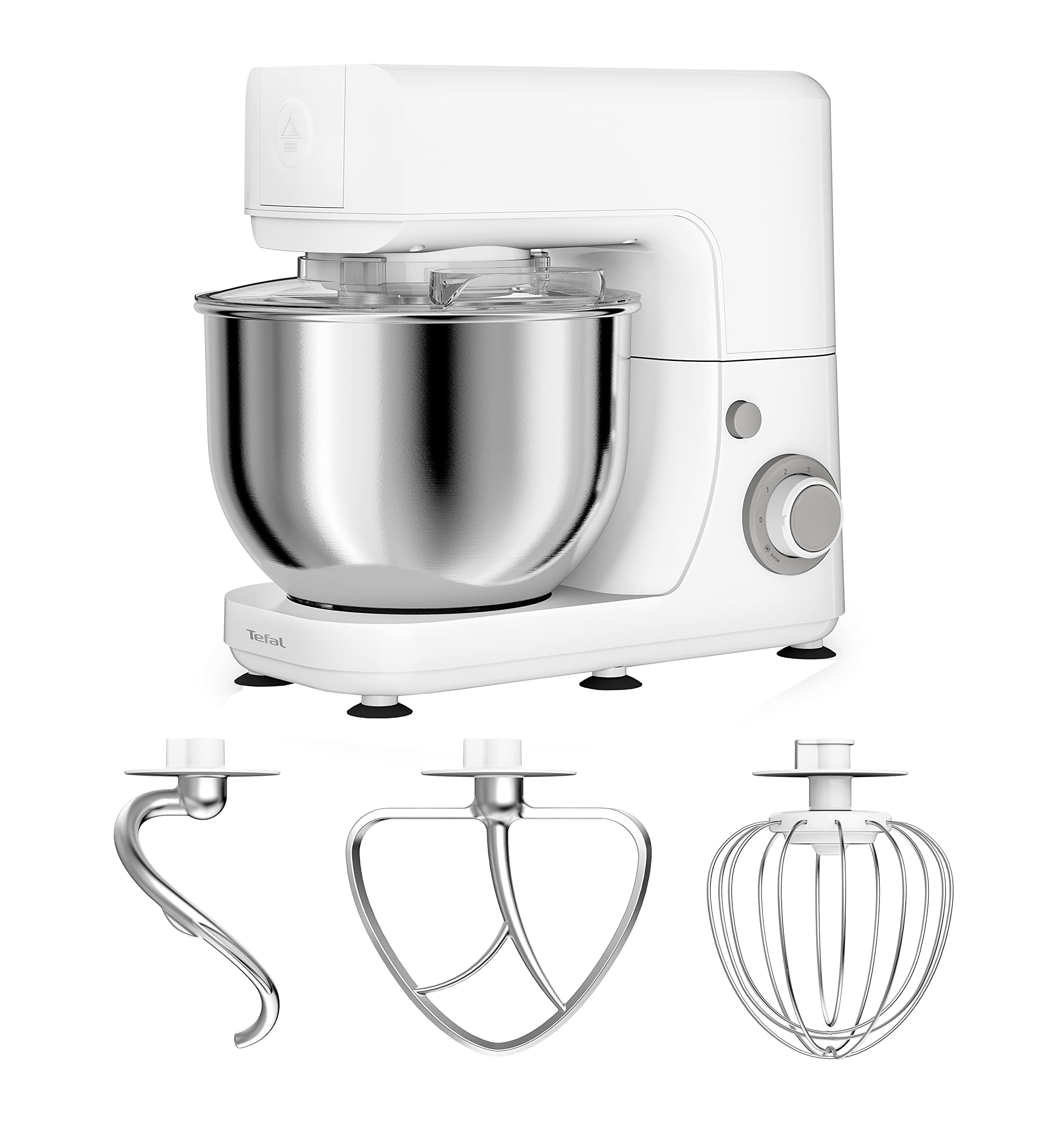 Tefal QB1501 Masterchef Essential Küchenmaschine | Pizza; Kuchen; Backen | 800 W | 4,8 L Fassungsvermögen | Back-Kit | Rührhaken | 6 Geschwindigkeiten Und Pulse-Einstellung, Weiß