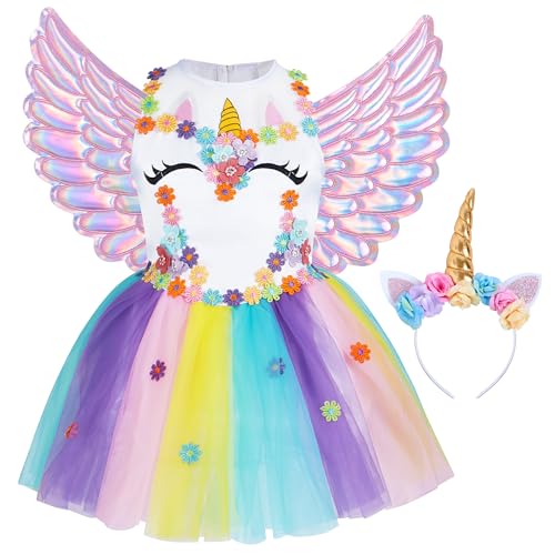 Spooktacular Creations Einhorn Prinzessin Kleid für Mädchen mit Stirnband und Flügeln für Kinder, Einhorn Kostüm Tutu Kleid für Karneval Halloween Cosplay Party, Rosa, L (8-10 Jahre)