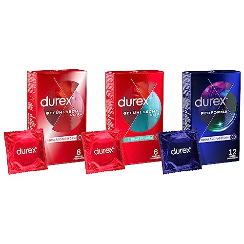 Durex Ausprobier-Set mit Gefühlsecht Ultra Kondome 8 Stück & Performa Kondome 12 Stück & Gefühlsecht Slim Fit Kondome 8 Stück