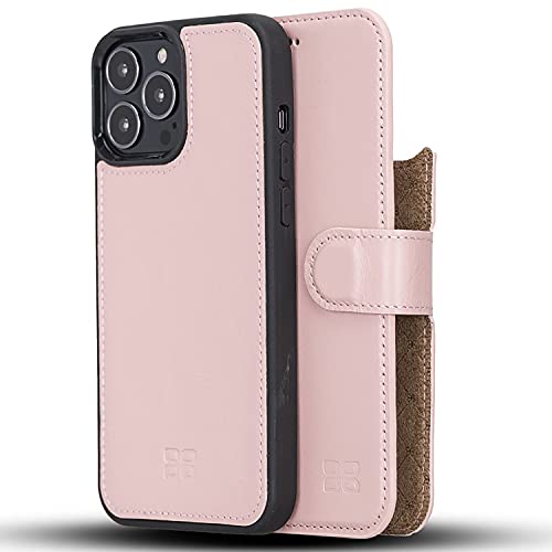 Bouletta Schutzhülle aus echtem Leder, magnetisch, abnehmbar, kompatibel mit iPhone 13 Pro Max (6,7 Zoll) (RFID Blocking) (funktioniert mit Magsafe) (Pink)