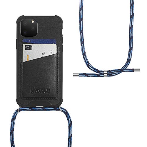 KAVAJ Hülle mit Band geeignet für Apple iPhone 11 6.1" Leder - Amsterdam - Handyhülle Handykette Handytasche mit Kette zum Umhängen - Kordel Blau/Ring Silber