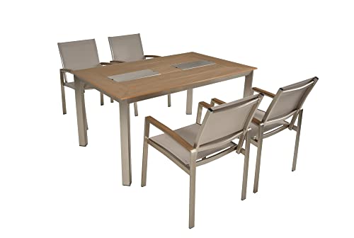 Dynamic24 Garden Pleasure 5-TLG Aluminium Garten Tischgruppe inkl. Zwei integrierten Eisbehälter 150x75x90cm 4 Stapelstühle Sitzgruppe Tisch Stuhl Möbel Kunststoff