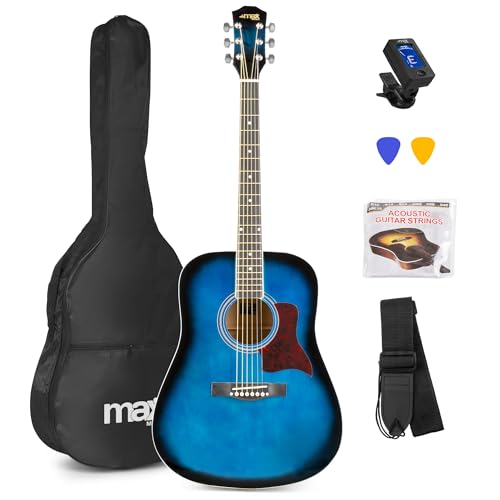 MAX SoloJam Westerngitarre, Akustik Gitarre Set, Acoustic Guitar, Akustikgitarre 4/4 mit Tasche, Plektrum, Stimmgerät, Schultergurt und Stahlsaiten, Anfängergitarre in Blau