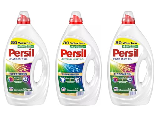 PERSIL Kraft-Gel-Set 3x 80 Waschladungen (240WL) 2x Color & 1x Universal, Flüssigwaschmittel-Set mit Tiefenrein Technologie, für reine Wäsche und hygienische Frische für die Maschine