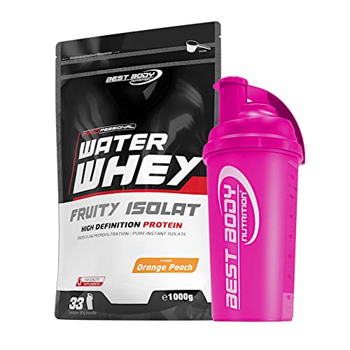 1 kg Best Body Nutrition Water Whey Fruity Isolate Molkenprotein + Protein Shaker (Orange Peach (Shaker pink))