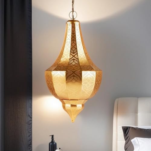 Orientalische Lampe Pendelleuchte Gold Kanita 50cm E27 Lampenfassung | Marokkanische Design Hängeleuchte Leuchte aus Marokko | Orient Lampen für Wohnzimmer Küche oder Hängend über den Esstisch