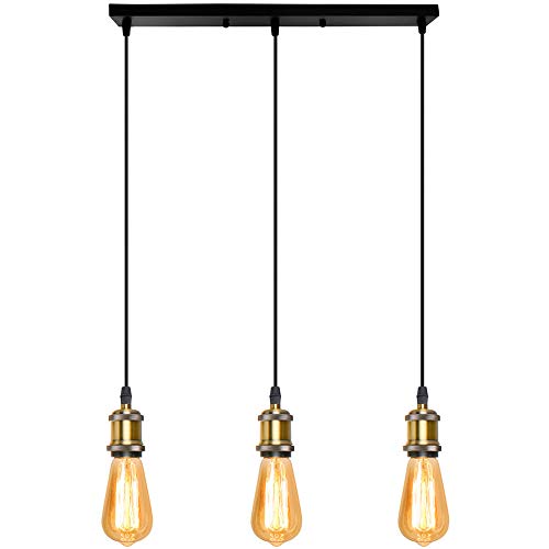 iDEGU 3-flammig Vintage Pendelleuchte, Retro Edison-Stil Hängelampe Metall LED Pendellampe Hängeleuchte mit E27 Lampenfassung Deckenleuchte Schwarz DIY Lampe Fassung (Messing, 3-flammig, 50CM)