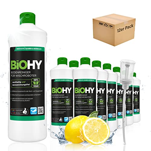 BiOHY Bodenreiniger für Wischroboter (12x1l Flasche) + Dosierer | Konzentrat für alle Wisch & Saugroboter mit Nass-Funktion | nachhaltig & ökologisch