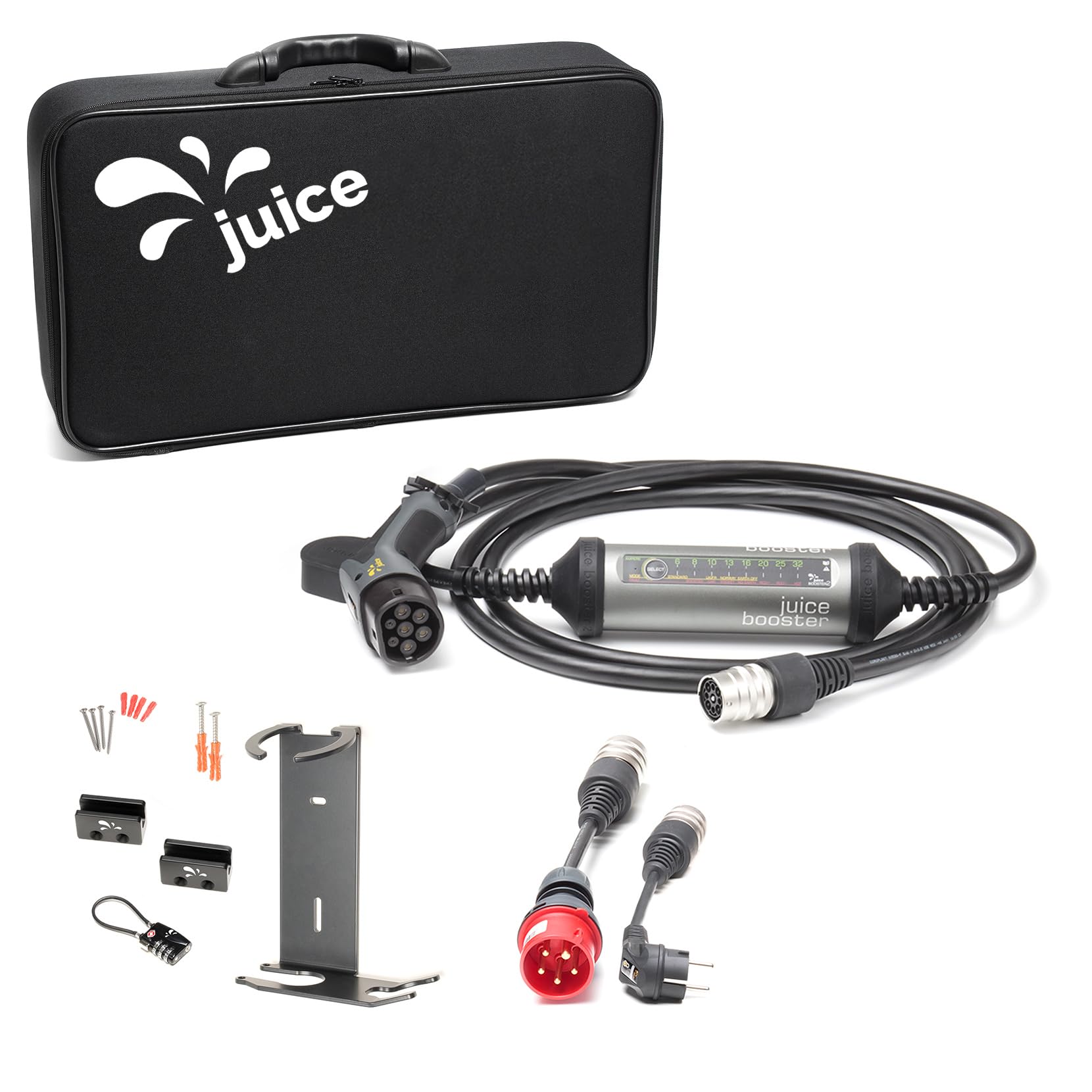 Juice Booster 2 Wallbox Set EU, Mobile Wallbox 22kW Installationsfrei, Ladegerät für BEV mit Typ 2 Ladekabel, Leicht & Flexibel, IP67, Inkl. Adapter CEE16 Rot 3-Phasig + EU Schuko + Wandhalterung