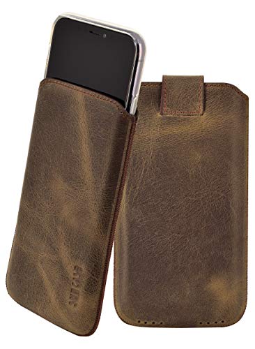 Suncase ECHT Leder Tasche kompatibel mit iPhone 11 (6.1") mit ZUSÄTZLICHER Transparent Hülle | Schale | Silikon Bumper Handytasche (mit Rückzugsfunktion und Magnetverschluss) in antik braun