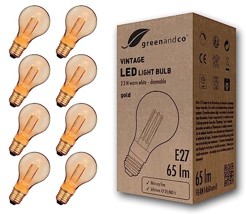 greenandco 8x dimmbare Vintage Design LED Lampe E27 A60 2,3W 65lm 1800K gold extra warmweiß 320° 230V flimmerfrei Edison Glühbirne zur Stimmungsbeleuchtung, 2 Jahre Garantie