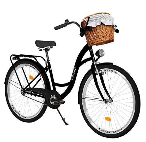 Milord. 26 Zoll 1-Gang schwarz Komfort Fahrrad mit Korb und Rückenträger, Hollandrad, Damenfahrrad, Citybike, Cityrad, Retro, Vintage