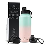 SOLARA Metall-Wasserflaschen mit Strohhalm 1L Vakuumisolierte Wasserflasche 32oz Edelstahl-Wasserflasche mit 2 Deckeln (Strohhalmdeckel, Sportdeckel) (Rosa Blaugrün, 1 L / 32oz)