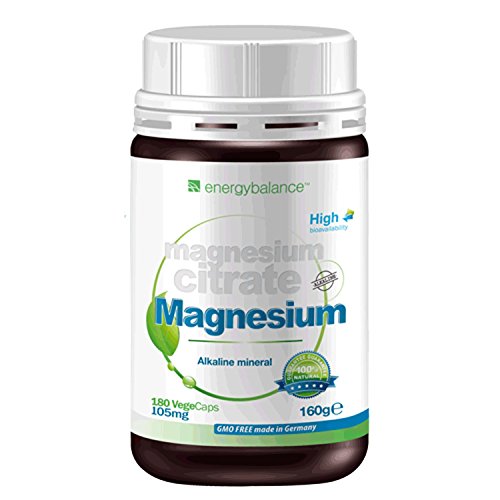 Magnesium-Citrate 105mg - 100% rein Ohne Zusatzstoffe - Hohe Bioverfügbarkeit - Glutenfrei - Vegan - GVO-frei - Premiumqualität aus Deutschland - 180 VegeCaps