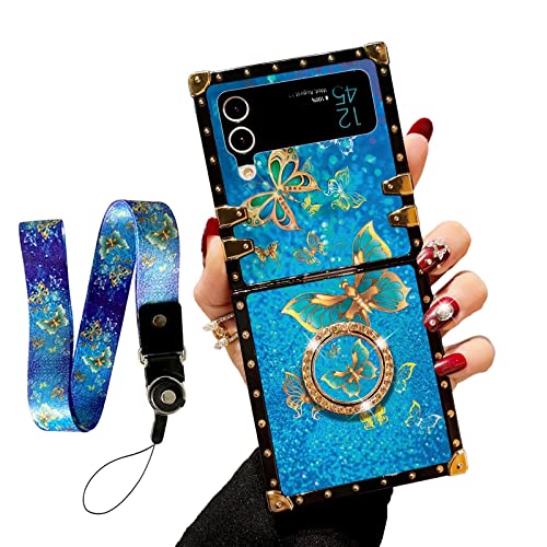 Für Samsung Galaxy Z Flip 3 5G Hülle(2021): Mädchen Frauen Modische blaue Schmetterling Muster Abdeckung mit Ring Ständer Strap Lanyard Stoßfest Schutzhülle für Samsung Galaxy Z Flip 3 - Schmetterling